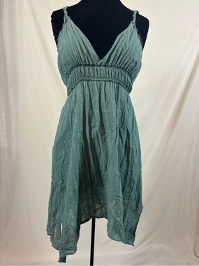 Orb Teal Metallic Stripe Handkerchief Hem Empire Waist Boho Y2K Festival Dress M